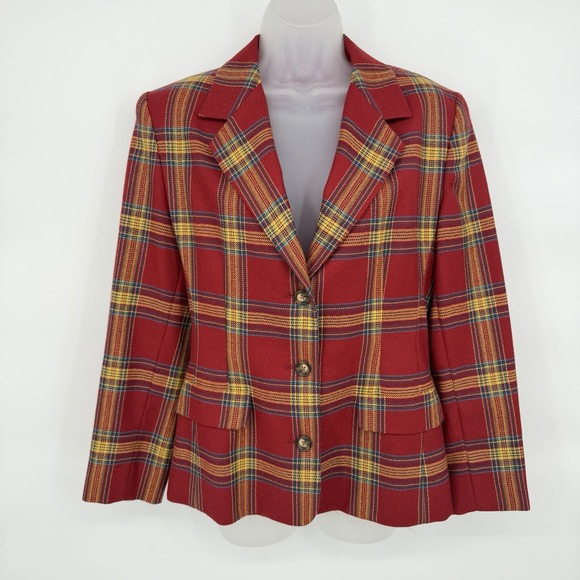 VTG Gap Sz 6 Wool Tartan Plaid Blazer Jacket Burgundy Yellow Academia Preppy 90s - Picture 2 of 6